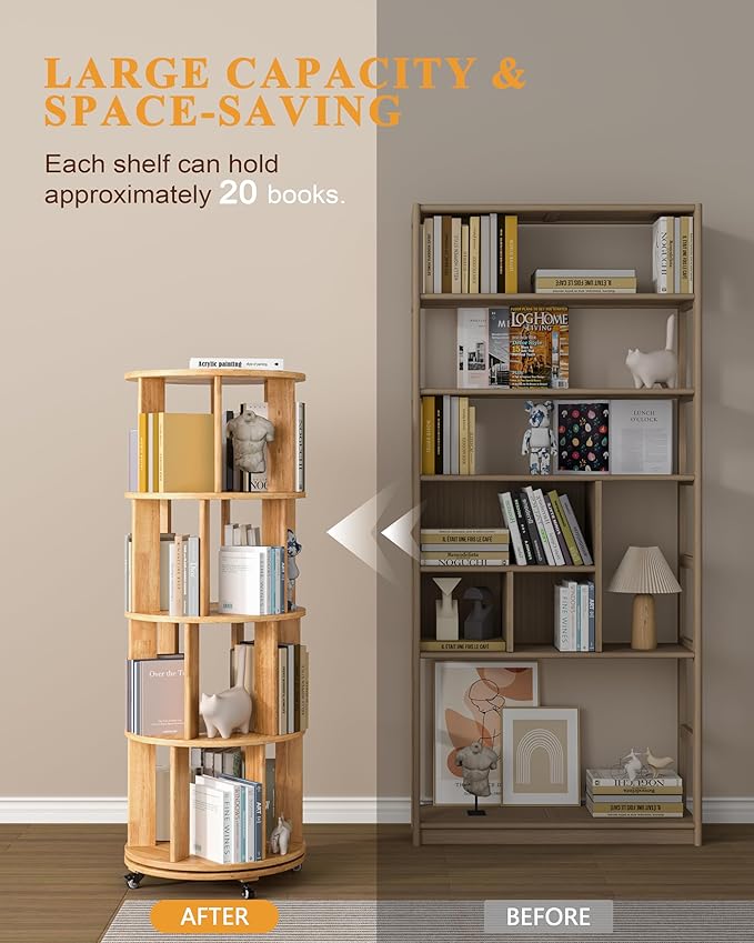 Rotating Bookshelf, 4 Tier Solid Wood Bookshelf Tower with Lockable Wheels, 360° Spinning Revolving Bookcase for Small Spaces, Corners, Bedroom, Kids Room, Home Office, Natural