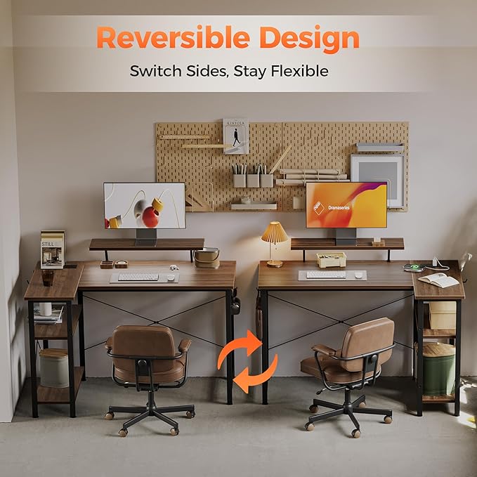 Mericonia Small L Shaped Computer Desk with Power Outlets, Reversible Gaming Desk with Storage Shelves & Monitor Stand, Corner Gamer Desk Table, Study Writing Table