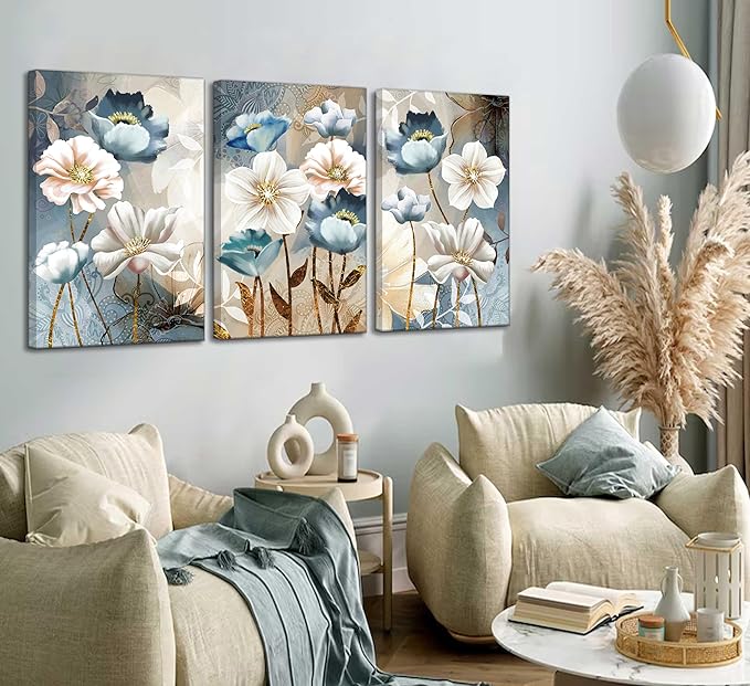 3 Pcs Modern Luxury Lotus Flower Canvas Wall Art White and Blue Floral Painting Pictures Wall Decor Posters Print Artwork for Living Room Bedroom Bathroom Office Home Decoration