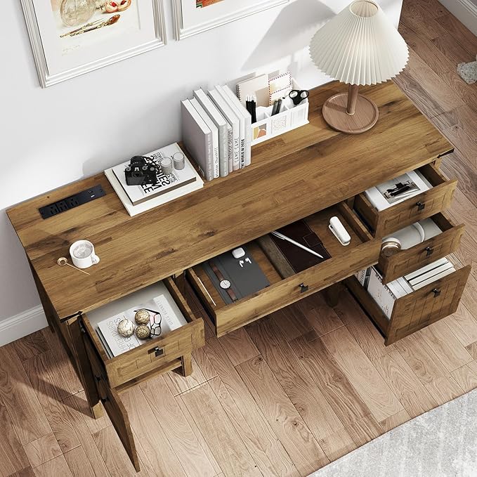 Farmhouse Executive Desk with Drawers - 62" W Farmhouse Computer Desk with Power Outlets & USB Charging, Heavy Duty Storage Desk for Home Office & Study.Vintage