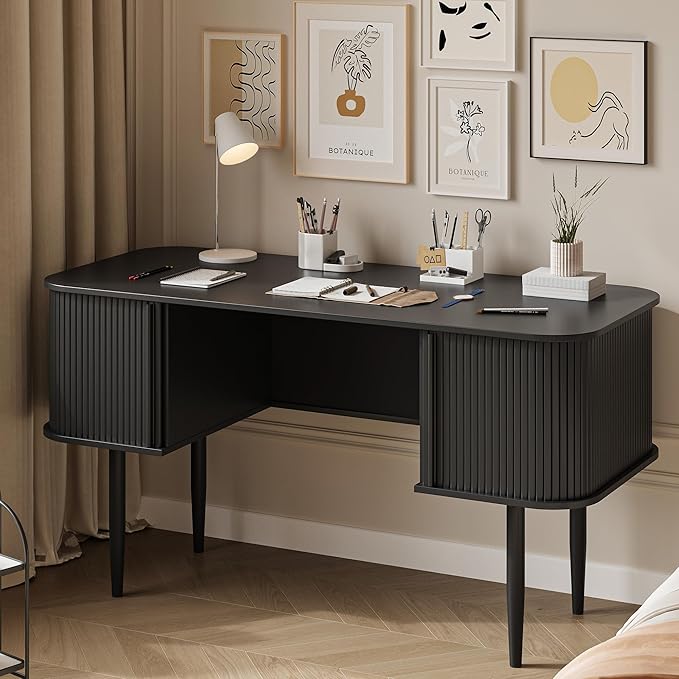 55" Modern Writing Desk with Storage, Wood Home Office Desk with Sliding Doors, Computer Desk for Home Office, Dorm, Living Room, Home Study Table, Black