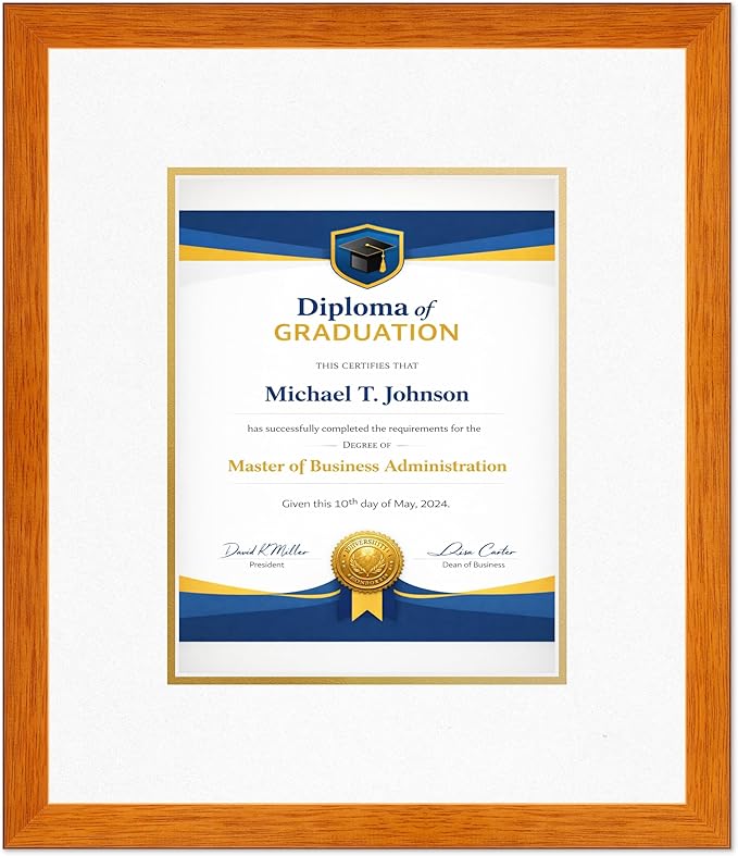 Diploma Frame Honey Oak with Oyster Shell Over Gold Double Mat - Fits 8.5 x 11 Certificate (Portrait) Wall Display Made in the USA