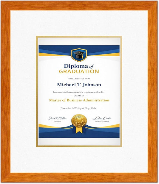 Diploma Frame Honey Oak with Oyster Shell Over Gold Double Mat - Fits 8.5 x 11 Certificate (Portrait) Wall Display Made in the USA