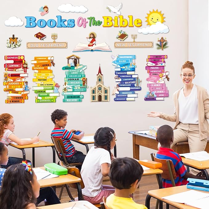 gisgfim Books of The Bible Bulletin Board Decorations Set Back to School Classroom Religious Paper Cutouts Colorful Christian Jesus Bulletin Board Decor for Sunday School Nursery VBS Chalkboard Wall
