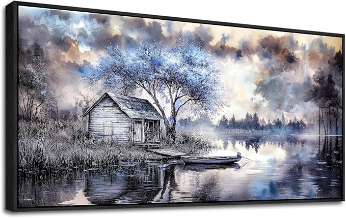 ERQINHUA Large Wall Decor For Living Room Canvas Wall Art For Office Bedroom Blue Tree Lakeside Landscape Painting Black Frame Artwork Pictures Modern Beach Posters Ready To Hang Home Decor 30"x60"