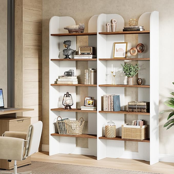 Tribesigns 5-Tier Farmhouse Bookshelf, 70.87-Inch Tall Double Wide Bookcase with Open Shelves, Vintage Floor Standing Book Shelf (2, White+Brown)