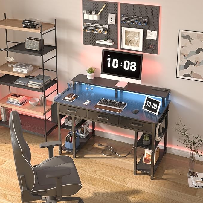 Lufeiya Gaming Desk with Led Lights and Power Outlets, 47 Inch Home Office Desk with Monitor Stand & Shelves, Writing Study Computer Desks with Fabric Drawers for Bedroom, Black