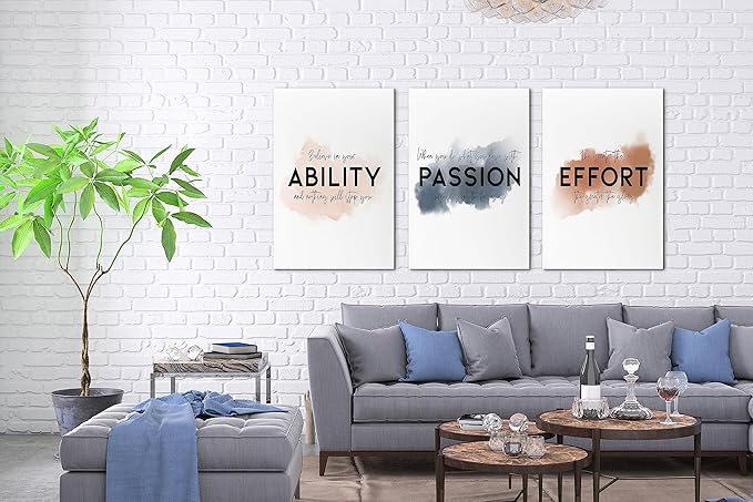 SHMAO Office Canvas Wall Art Motivational Wall Decor, 3 Piece Ability Passion Effort Print Pictures for Office Wall Decor Women Inspirational Framed Artwork Home Office Decor 20”x30”x3 Panels