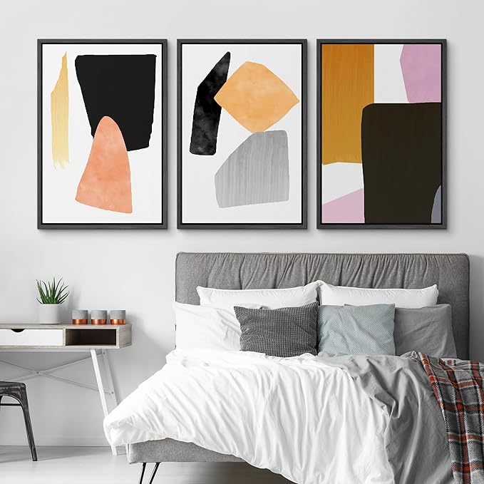 SIGNFORD Framed Wall Art Print Set Orange, Black & Purple Polygons Abstract Shapes Digital Art Modern Art Contemporary for Living Room, Bedroom, Office - 24"x36"x3 Black