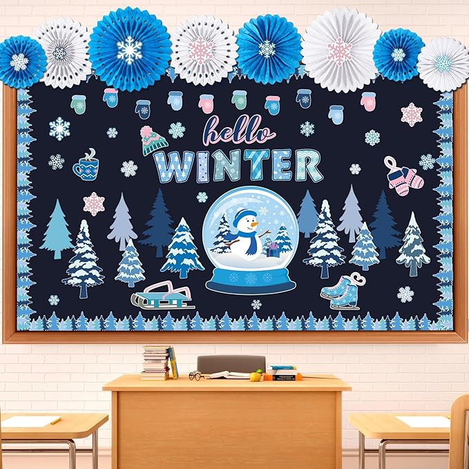 73 Pcs Winter Bulletin Board Set Pink Winter Wonderland Classroom Decorations Snowman Snowflake Paper Cutouts with Paper Fans for Holiday School Classroom Home Wall Decor