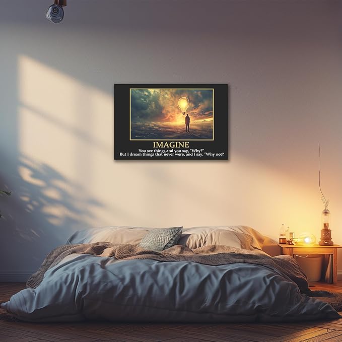 UZMKM - Inspirational Wall Art, Black Background Motivational Mindset Imagine Picture, Quote Saying Canvas Print for Home Office Decor, Company Poster Framed Artwork for Office Wall Decor 32x48 Inch