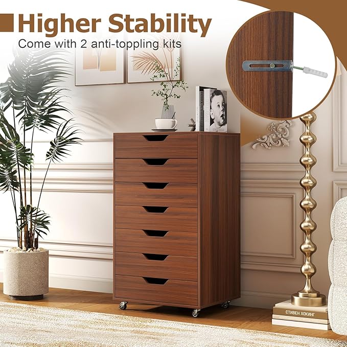 7 Drawer File Cabinet, 34.5" Vertical Storage Drawer Cart, Under Desk Office Organizer, Wooden Printer Stand, Rolling Filing Cabinet for Home Office (Walnut)