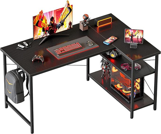 Mericonia Small L Shaped Computer Desk, Reversible Gaming Desk with Storage Shelves, Corner Gamer Desk Table, Study Writing Table