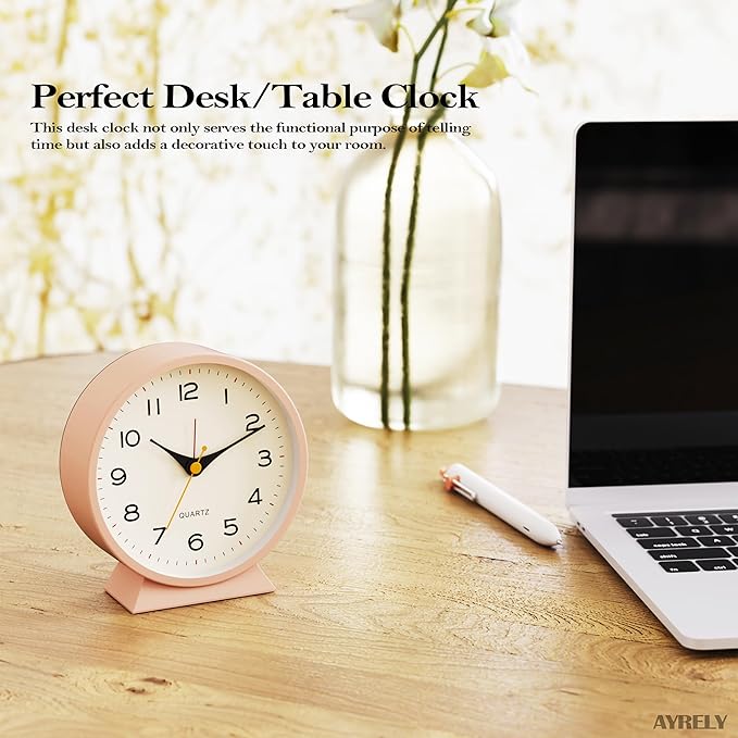 AYRELY® 4.5" Analog Alarm Clock,Small Retro Desk Clock Battery Operated,Slient Metal Table Clock with Light for Living Room Decor,Bedroom,Bedside,Shelf(Light Pink)