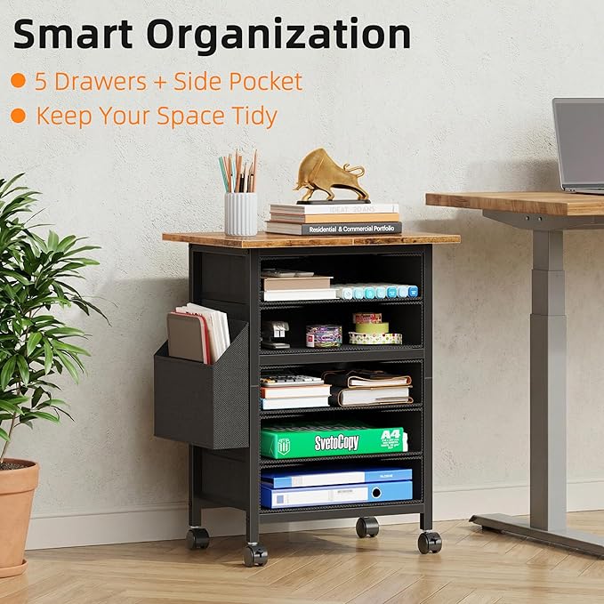 5 Fabric Drawers File Cabinet with Side Pocket, Rolling Printer Stand with Storage for Home Office, Wood Top Storage Cabinet for Documents and Crafts, Rustic Brown, 15" D