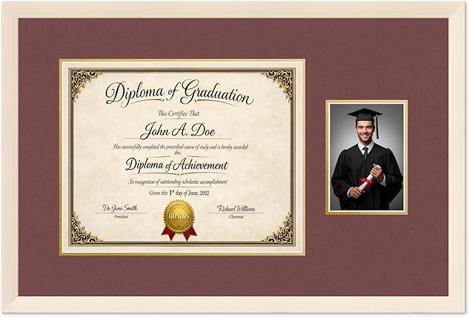 Diploma Frame With Photo Opening Coastal Whitewash Dark Red Over Gold Mat - Fits 15 x 12 Degree and Picture Made in the USA