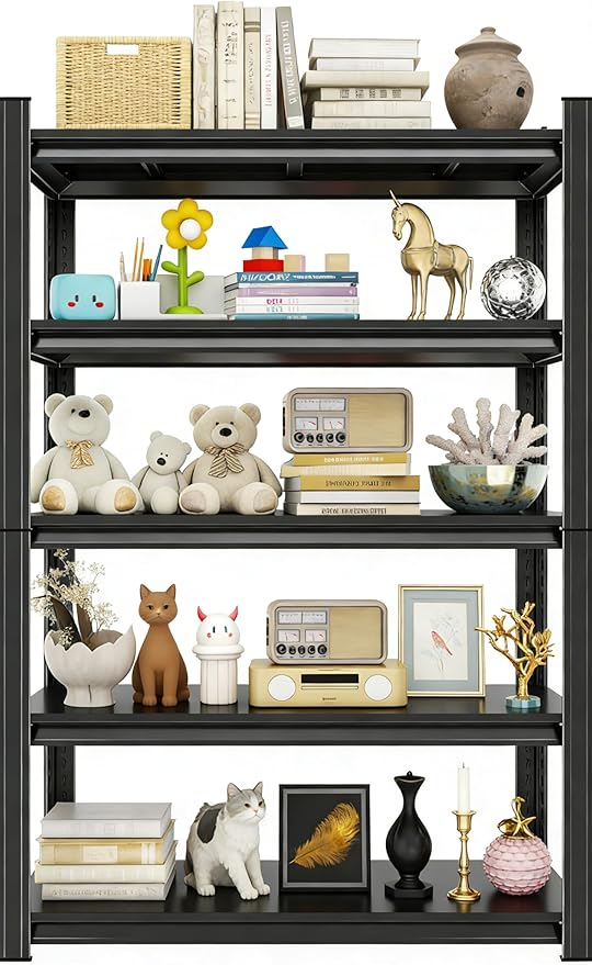 77.4" H,5-Tier Metal Bookshelf,Industrial Bookcase, Heavy Duty Storage Shelf for Books & Display. Adjustable Standing Book Shelf for Living Room, Bedroom, Office. Easy Tool-Free Assembly.
