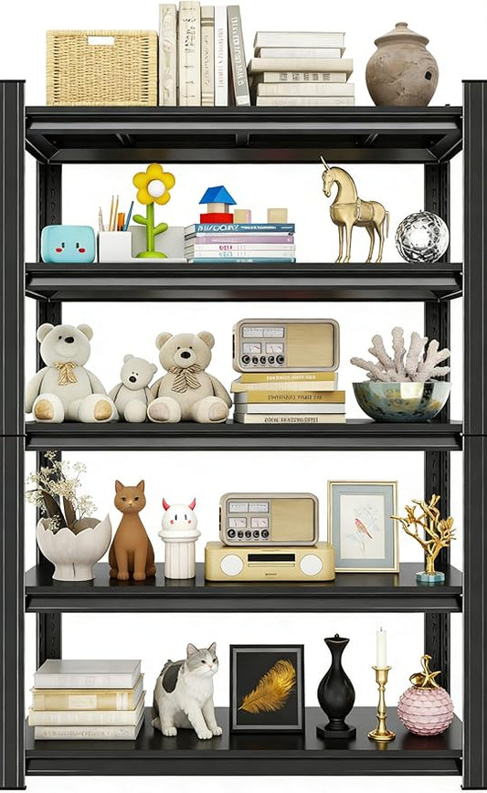 77.4" H,5-Tier Metal Bookshelf,Industrial Bookcase, Heavy Duty Storage Shelf for Books & Display. Adjustable Standing Book Shelf for Living Room, Bedroom, Office. Easy Tool-Free Assembly.