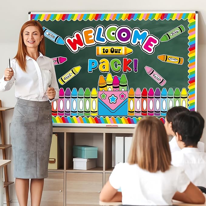 Welcome to Our Pack Bulletin Board Decorations Back to School Crayon Theme Classroom Bulletin Board Border Set Colorful Crayons Name Tags for School Teacher Supplies Home Wall Decor