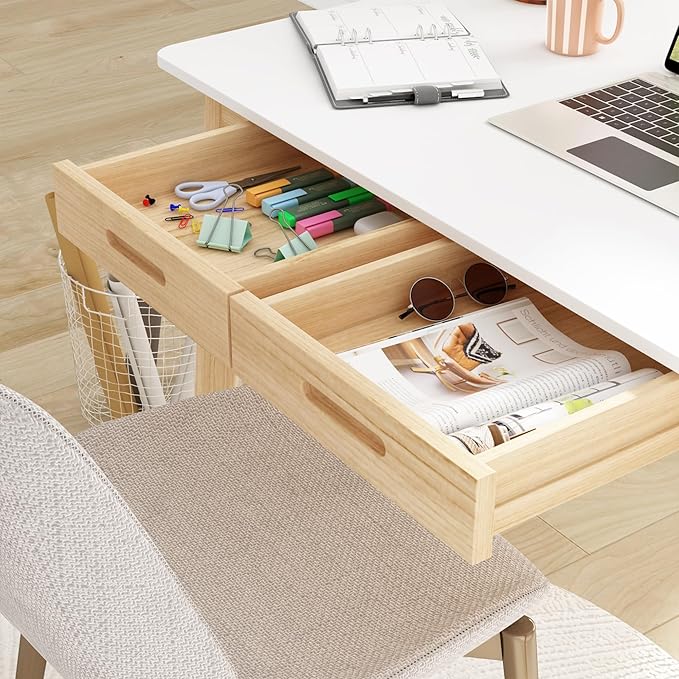 Home Office Computer Desk Coner Desk with 2 Drawers, Study Writing Table for Home Office, Study, White & Natural (39.3 ”W x 23.6”D x 29.1”H)