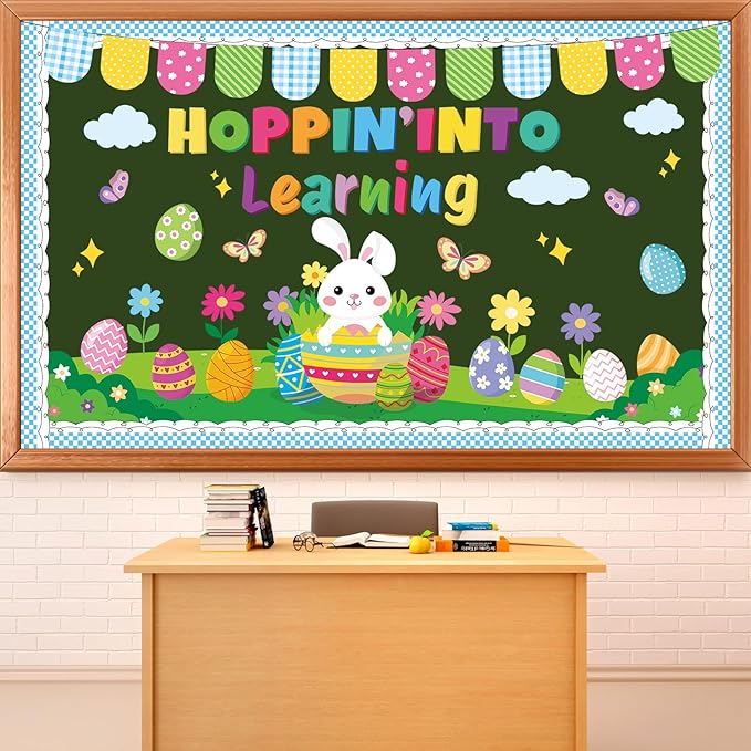 Spring Easter Bulletin Board Set Easter Classroom Decorations Hopping into Spring Bulletin Board Spring Bunny Eggs Paper Cutouts for Holiday Teacher School Office Chalkboard wall Decor