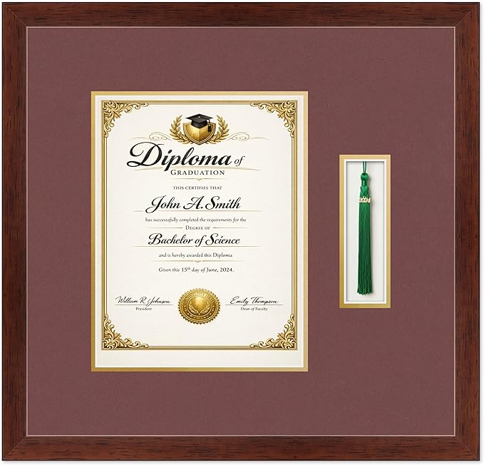 CountryArtHouse Diploma and Tassel Frame Fits 8.5 x 11 Certificate (Portrait) with Tassel H Rustic Walnut Genuine Hardwood Shadowbox with Dark Red Over Metallic Gold Double mat