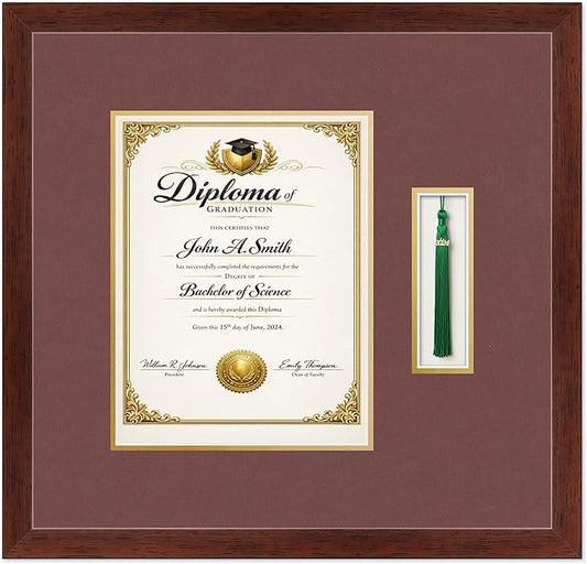 CountryArtHouse Diploma and Tassel Frame Fits 8.5 x 11 Certificate (Portrait) with Tassel H Rustic Walnut Genuine Hardwood Shadowbox with Dark Red Over Metallic Gold Double mat