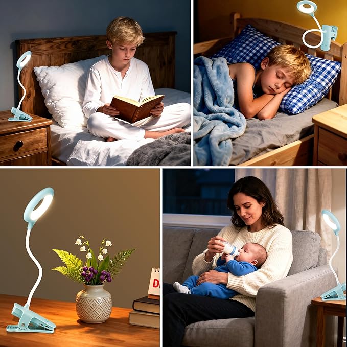 Desk Lamp LED Clip on Light, 5 Modes 5 Brightness Dimmable Clamp Light, Rechargeable Battery Flexible Clip on Reading Lamp for Bed Headboard Bunk Bed at Night for Kids (Blue)