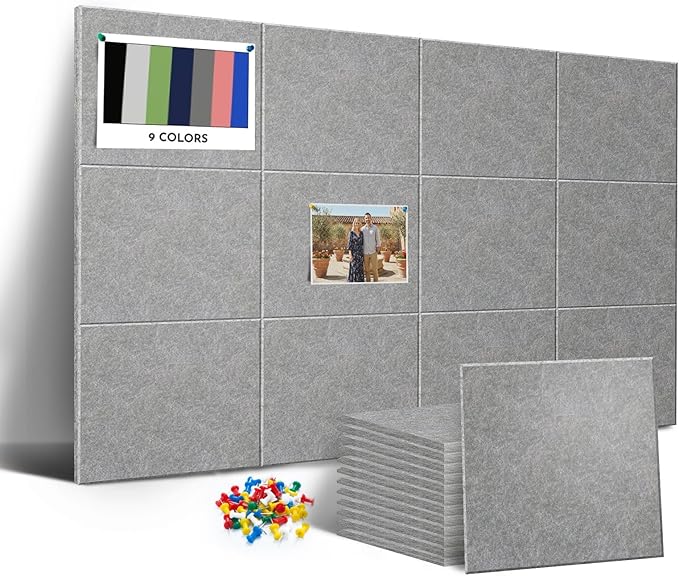 MISSDAY Dark Grey Acoustic Wall Panel Large Felt Bulletin Board 48" x 36" Cork Board for Wall, 12-Pack Boards with 72 Adhesive Tabs, 50 Pins, Pin Board for Home Office Classroom Soundproof Wall Tile