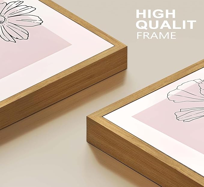 3Pcs Framed Minimalism Botanical Canvas Wall Art Pink Flowers Line Plants Pictures Wall Decor Posters Print Artwork for Girls' Room Living Room Bedroom Bathroom Office Home Decoration