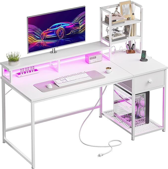 44 Inch Small White Computer Desk with Drawers and Hutch,Reversible Home Office Desk with Monitor Shelf,Gaming Desks with USB Power Outlets&Storage,Writing Table for Bedroom with LED Lights,White