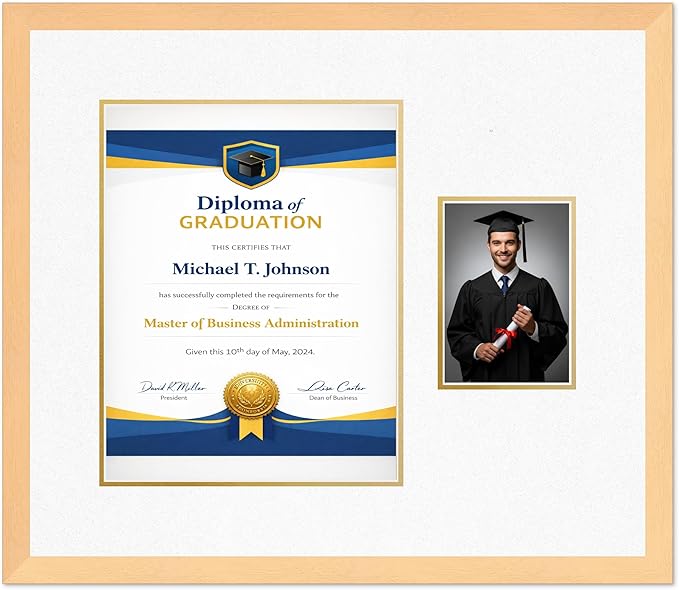 Diploma Frame With Photo Opening Natural Wood Oyster Shell Over Gold Mat - Fits 11 x 14 Degree and Picture Made in the USA