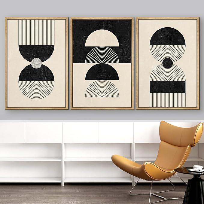 IDEA4WALL Framed Canvas Print Wall Art Set Geometric Black Tan Striped Circle Polygon Collage Abstract Shapes Illustrations Modern Art Nordic for Living Room, Bedroom, Office - 16"x24"x3 Natural
