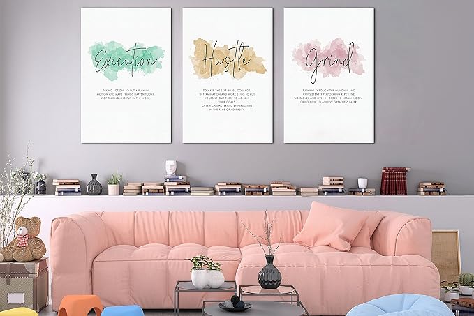 SHMAO Office Canvas Wall Art Motivational Wall Decor, 3 Piece Execution Hustle Grind Print Pictures for Office Wall Decor Women Inspirational Framed Artwork Home Office Decor 20”x30”x3 Panels
