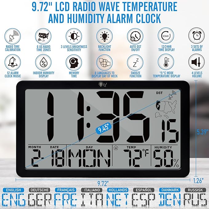 TXL Atomic Digital Wall Clock, Battery Operated with Temperature & Humidity, Auto DST, Date & Weekday, Easy Set Alarm, for Living Room, Bedroom, Office & Classroom (Black)