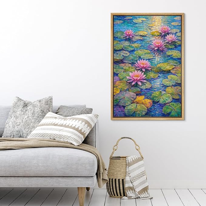 SIGNFORD Framed Canvas Print Wall Art Water Lilies in the Light Illustration Minimalism Decorative Colorful Mid-Century for Living Room, Bedroom, Office - 16"x24" NATURAL