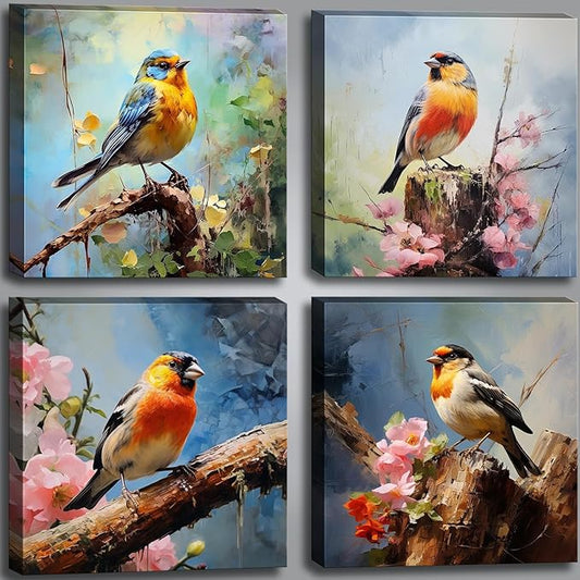 Canvas Wall Art Paintings of Colorful Birds Sitting on Tree Branch With Flowers for Bedroom Modern Wall Decor Picture Framed Artwork Prints Paintings for Bathroom Kitchen Decorations 12"x12"x4 Pieces
