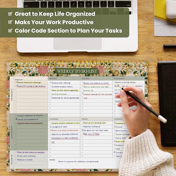 Weekly To Do List Notepad with 52 Undated Sheets（8.5"×11"）- Undated Weekly Planner Notepad for Office Desk Accessories and Supplies - Olive Grove