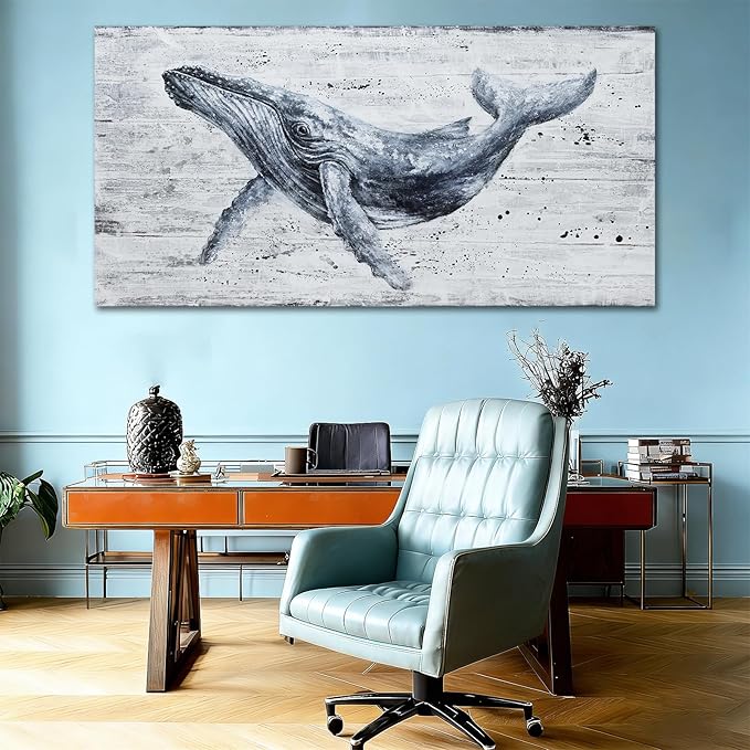 Large Whale Wall Art Monochrome Abstract Sea Life Canvas Posters print Contemporary Coastal Artwork for Living Room Office Bedroom Decor 29x58inch