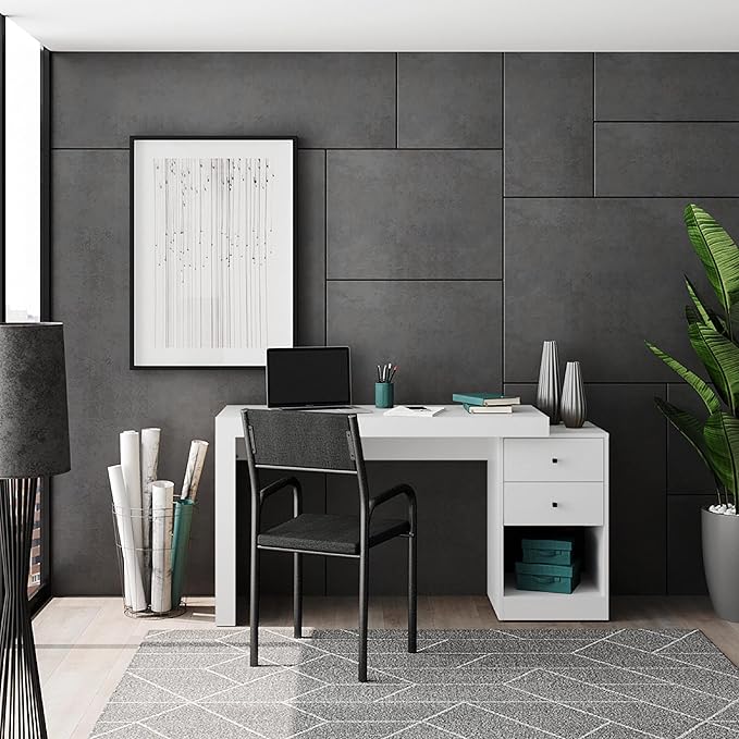 Expandable Desk with Storage Drawers & Open Shelf - Expands from 47 Inch to 57 Inch - White Computer Desk with Printer Space - Modern Home Office Table with Drawers - Techni Mobili Blanco Collection