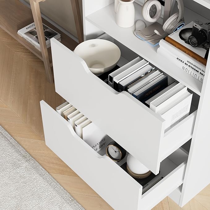 Bookcase with 2 Drawers, 63" 3-Tier Bookshelf with Storage, 3 Shelf Bookcase with Adjustable Shelf, Modern Bookshelf, Open Shelves Bookshelf for Study, Bedroom & Home Office, White