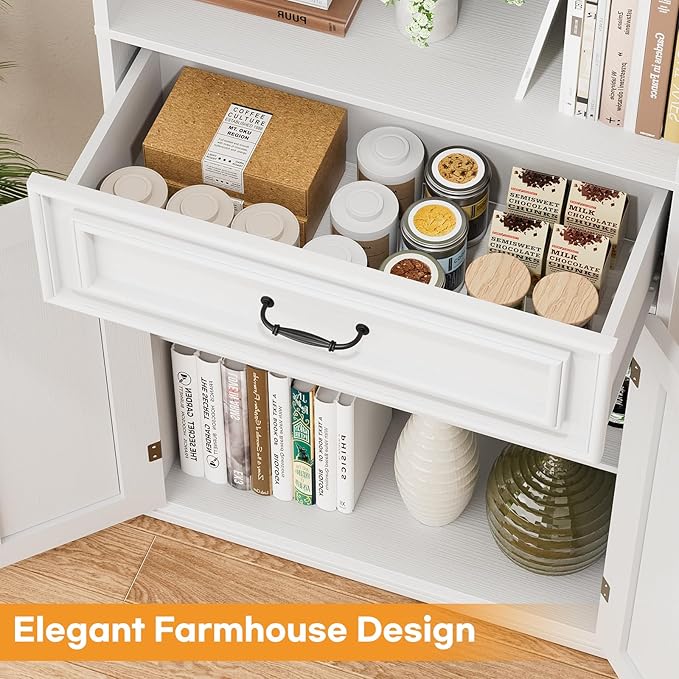 Cyclysio 80" Tall Bookcase Set of 2, Farmhouse 2 Set Bookshelves with Drawer and Doors, Floor Standing 6 Shelf Display Storage Cabinet for Home Office, Living Room (2, Antique White/Walnut)