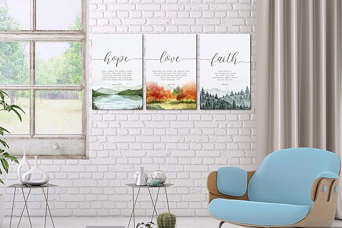 SHMAO Bible Canvas Wall Art Motivational Wall Decor, 3 Piece Hope Love Laith Print Pictures for Office Wall Decor Women Inspirational Framed Artwork Home Office Decor 12”x18”x3 Panels