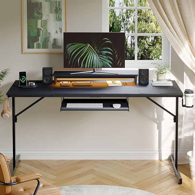 Bestier 63 Inch Gaming Desk with Power Outlets & LED Lights, Large Computer Desk with Monitor Stand & Keyboard Tray Home Office Table with Cup Holder & Headset Hook, Carbon Fiber Black