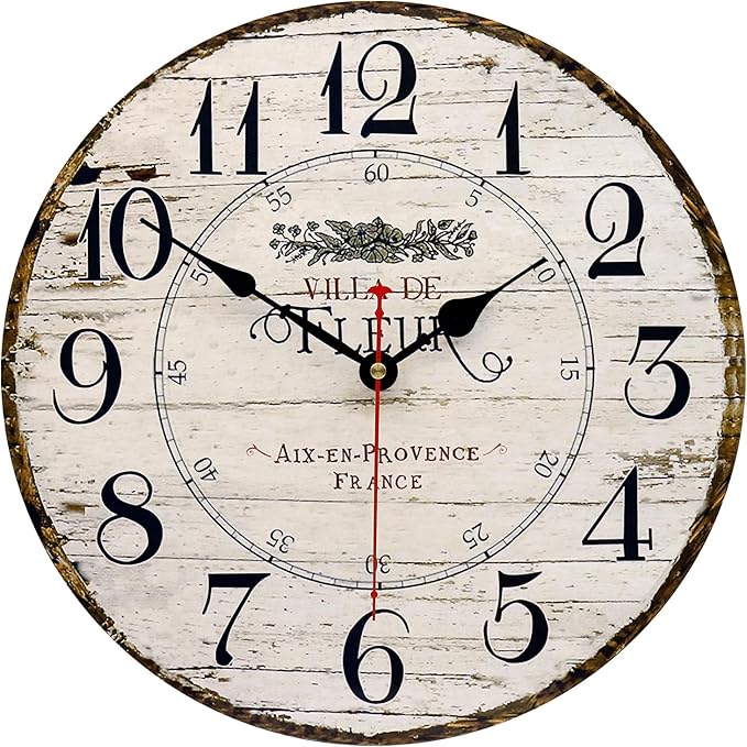 8 Inch Wall Clock Easy to Read Arabic Numerals Wooden Round Wall Clock Silent Non-Ticking Battery Operated Home Wall Clocks Retro French Country Style Art Decor Hanging Clock
