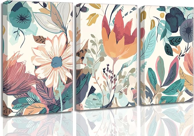 3 Pcs Boho Wild Flowers Canvas Wall Art Neutral Watercolor Boho Abstract Floral Botanical Painting Picture Wall Decor Poster Print Artwork for Living Room Bedroom Home Decoration