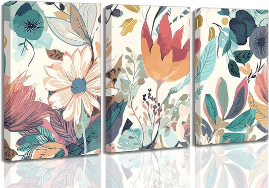 3 Pcs Boho Wild Flowers Canvas Wall Art Neutral Watercolor Boho Abstract Floral Botanical Painting Picture Wall Decor Poster Print Artwork for Living Room Bedroom Home Decoration