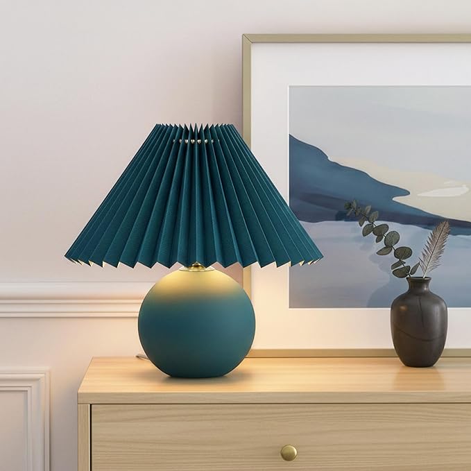 Brightech Serena LED Table Lamp - Small 10" Modern Ceramic Lamp with Pleated Shade for Bedside, Nightstand, Desk - Mini Night Light with Cozy Soft White Light for Living Room, Bedroom - Teal