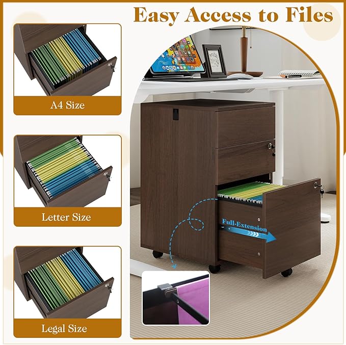 LOKO Mobile File Cabinet with 3 Drawers, Wooden Rolling Filing Cabinet with Lock, Under Desk File Organizer for A4/Letter/Legal Size, for Home Office, Study (Brown)