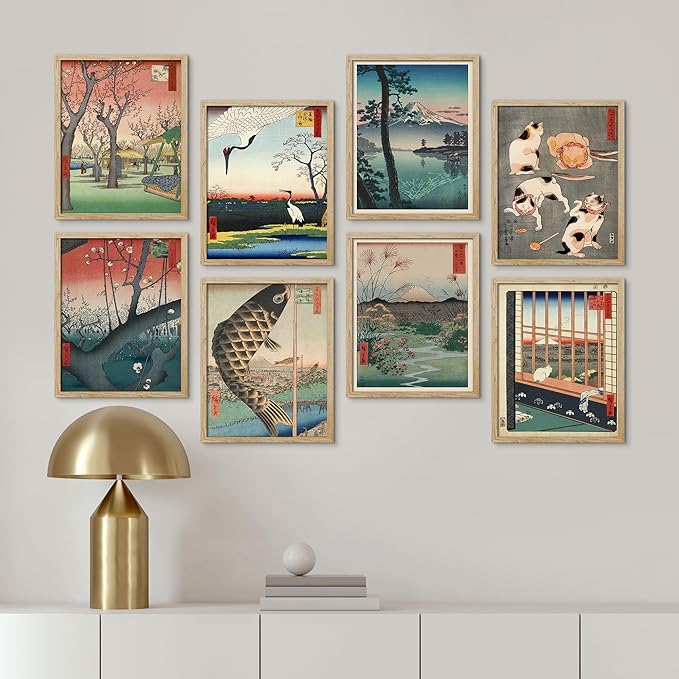 SIGNWIN Framed Poster Wall Art Set of Koinobori The Carp Fish, Plum Park Landscape with 2 Cranes from One Hundred, Plum Blossom in Garden for Living Room, Bedroom, Office - 11"x14"x 8 Natural